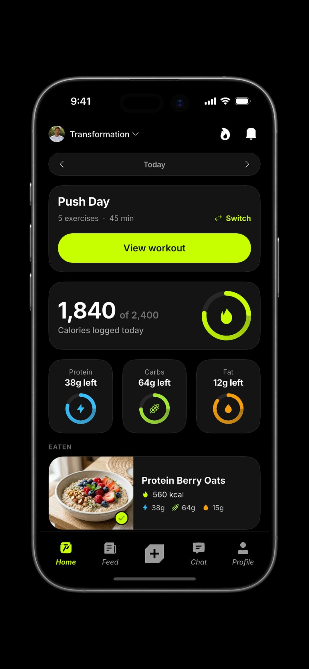 The ProCoach client app: today's workout, meals and check-in.