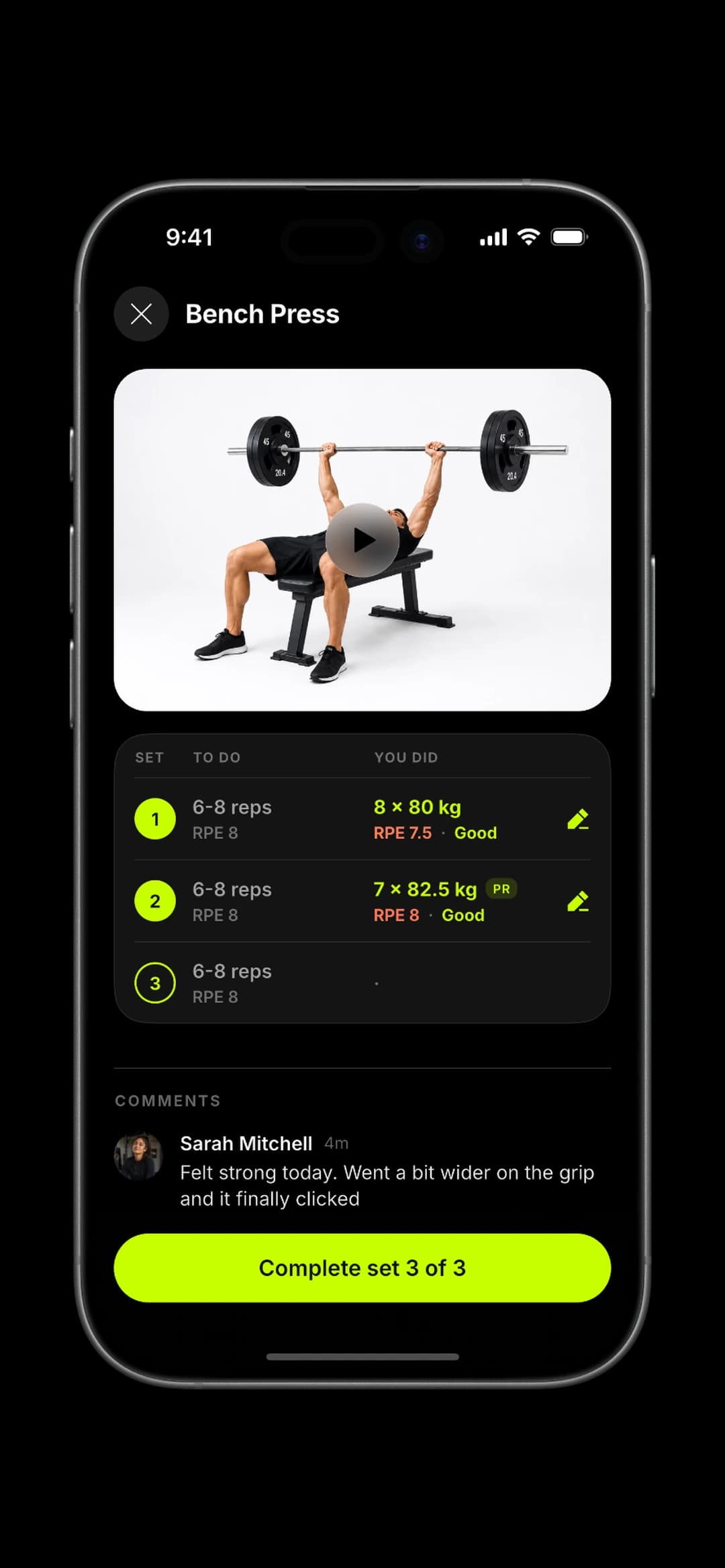 Logging a set: prescribed reps beside the actual sets with RPE and a comment.