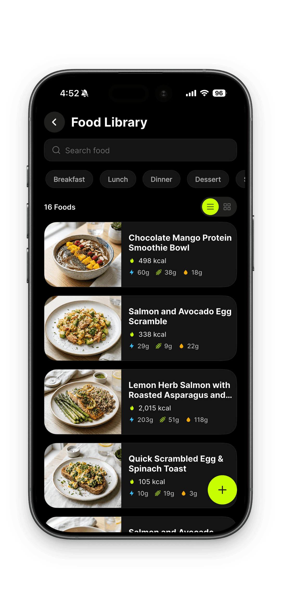 The food library: AI-generated meal cards with photos and macros.